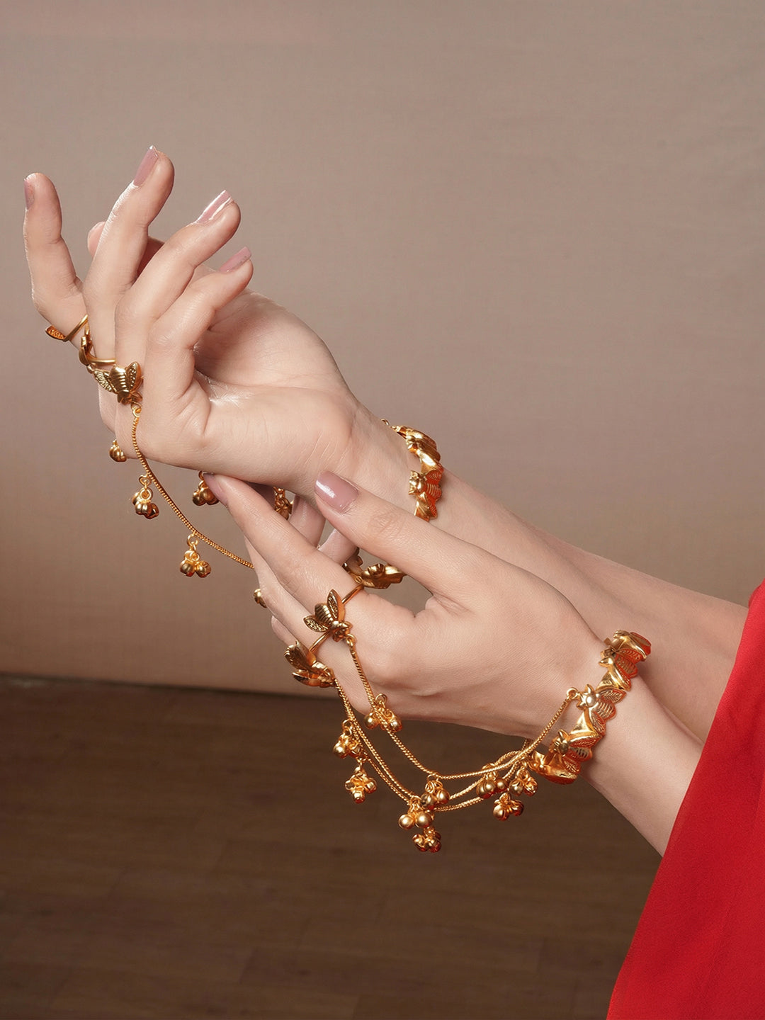 Set Of 2 22k Gold Plated Honey Bee Ghungroo Multi Chain Hand Harness Hathphool