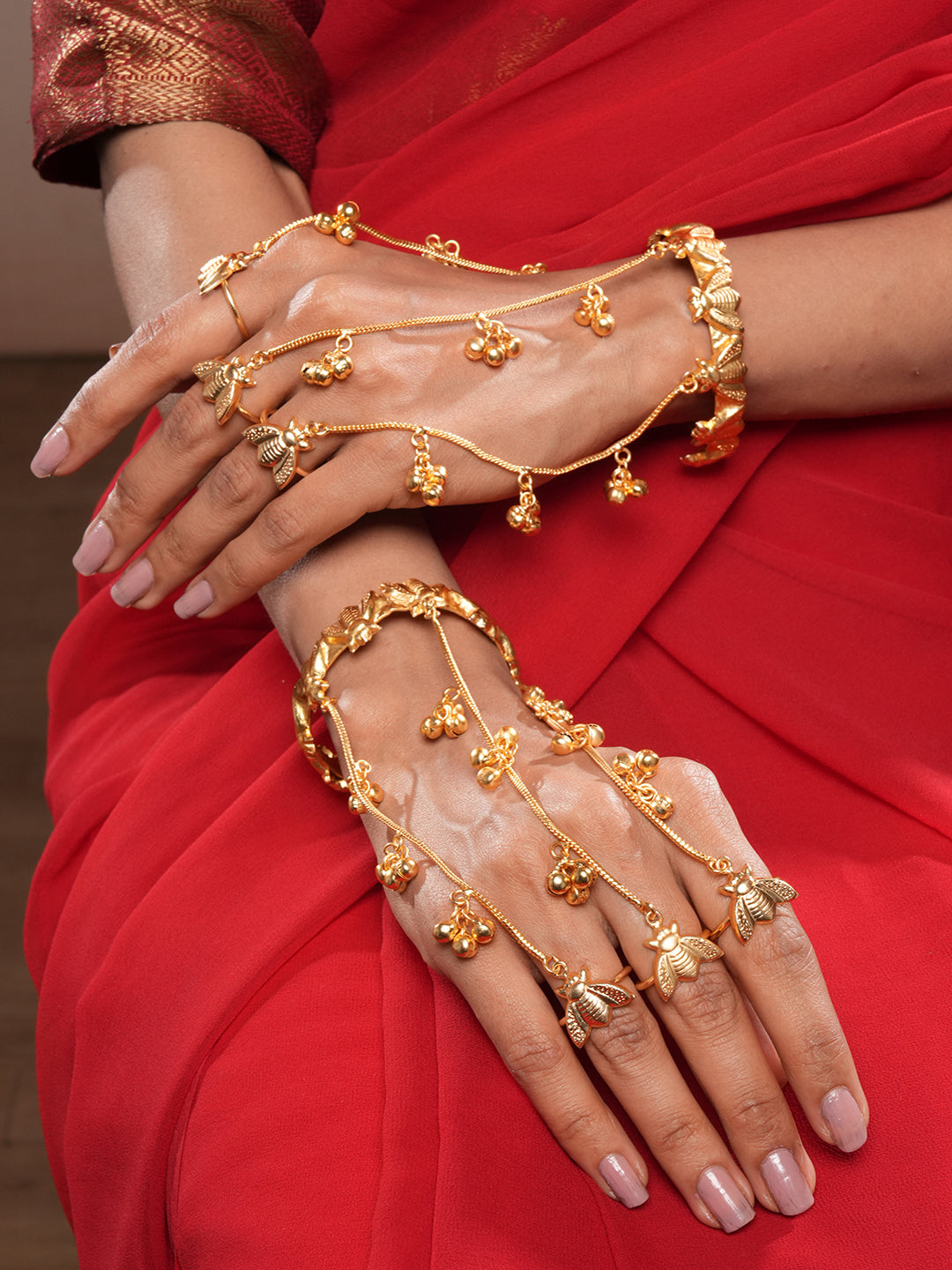 Set Of 2 22k Gold Plated Honey Bee Ghungroo Multi Chain Hand Harness Hathphool