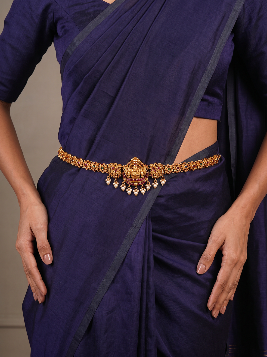 Antique Gold Plated Lakshmi Temple Kamarbandh Waist Belt with Adjustable Chain