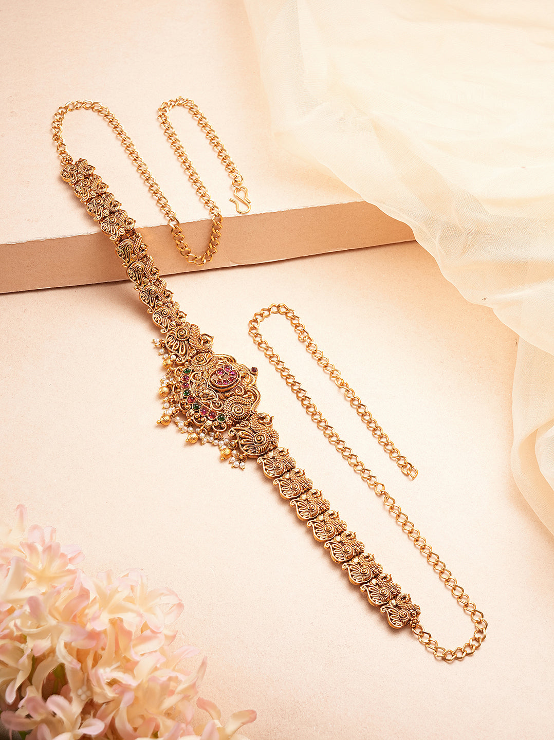 Antique gold multicolour stone temple kamarbandh waist belt