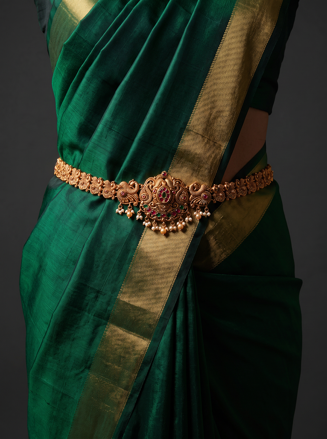 Antique Gold Plated Multicolour Stone Temple Kamarbandh Waist Belt
