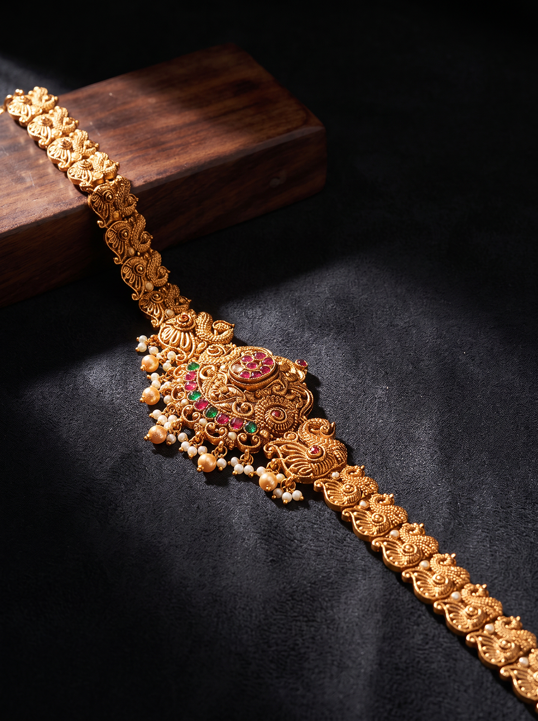 Antique Gold Plated Multicolour Stone Temple Kamarbandh Waist Belt