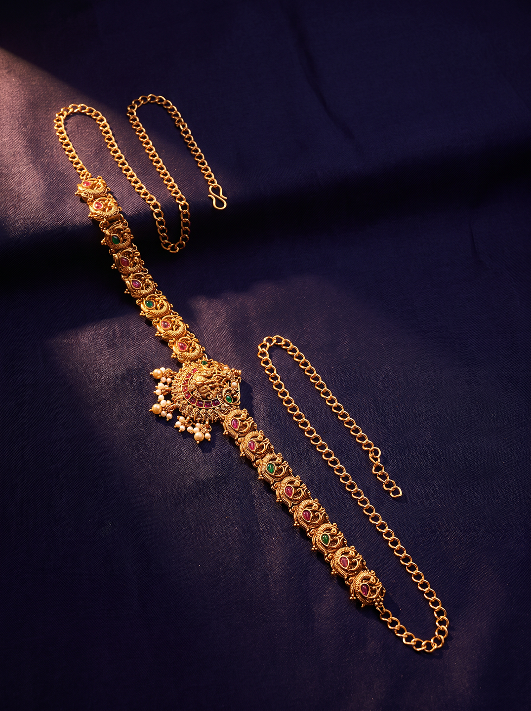 Antique Gold Plated Floral Temple Kamarbandh Waist Belt with Adjustable Chain