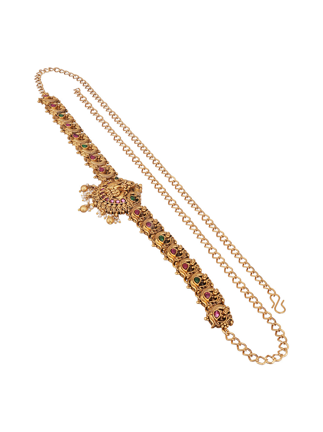 Antique Gold Plated Floral Temple Kamarbandh Waist Belt with Adjustable Chain