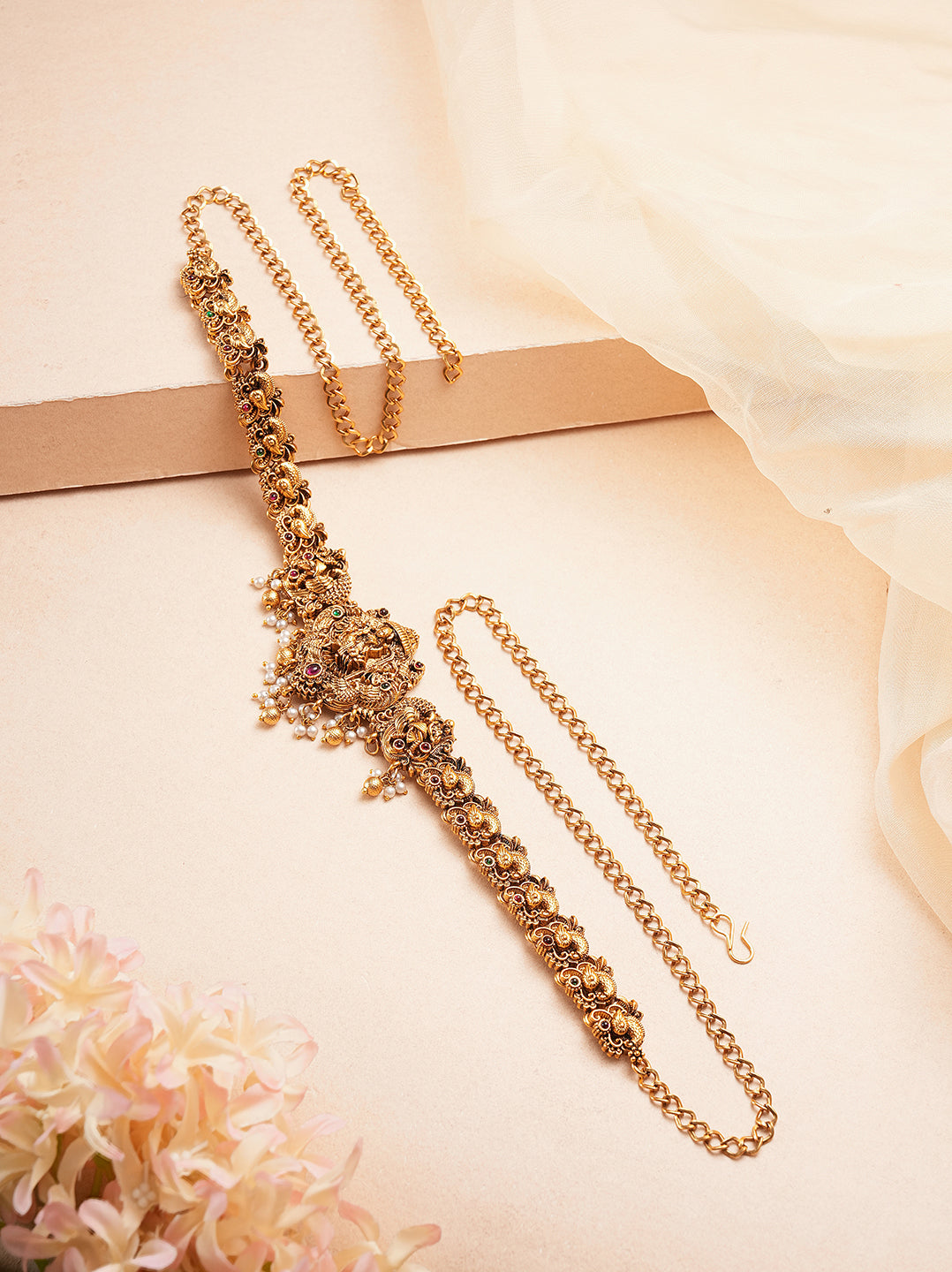 Antique gold Lakshmi temple kamarbandh waist belt with pearl drops