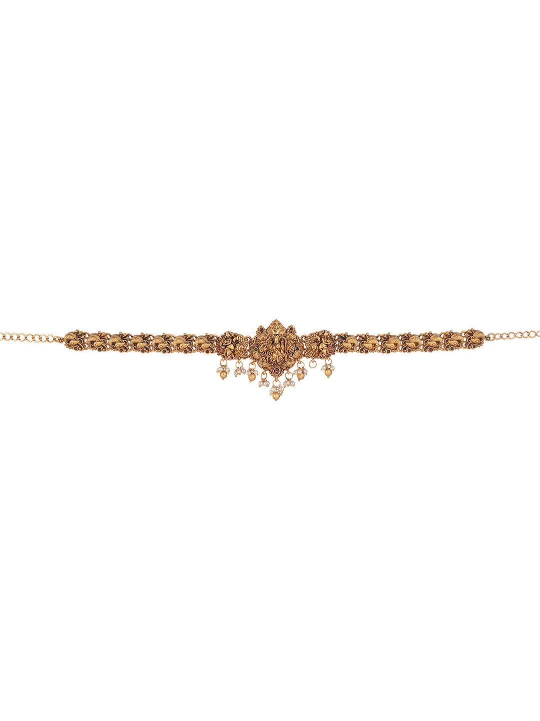 Antique Gold Plated Lakshmi Temple Kamarbandh Waist Belt with Pearl Drops
