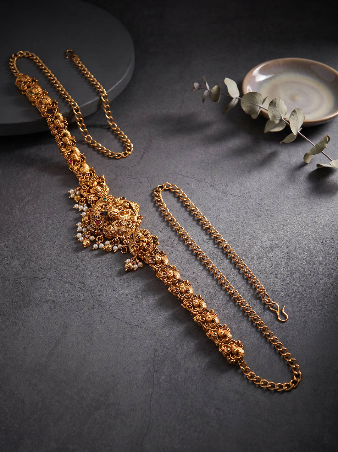 Antique Gold Plated Lakshmi Temple Kamarbandh Waist Belt with Pearl Drops