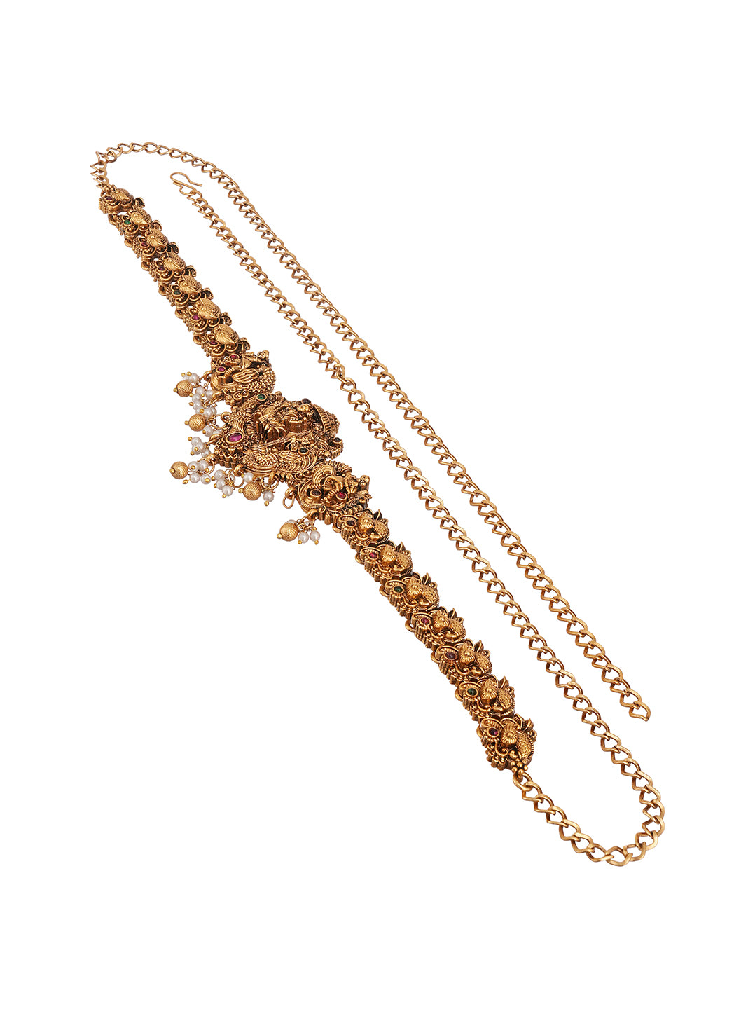 Antique Gold Plated Lakshmi Temple Kamarbandh Waist Belt with Pearl Drops
