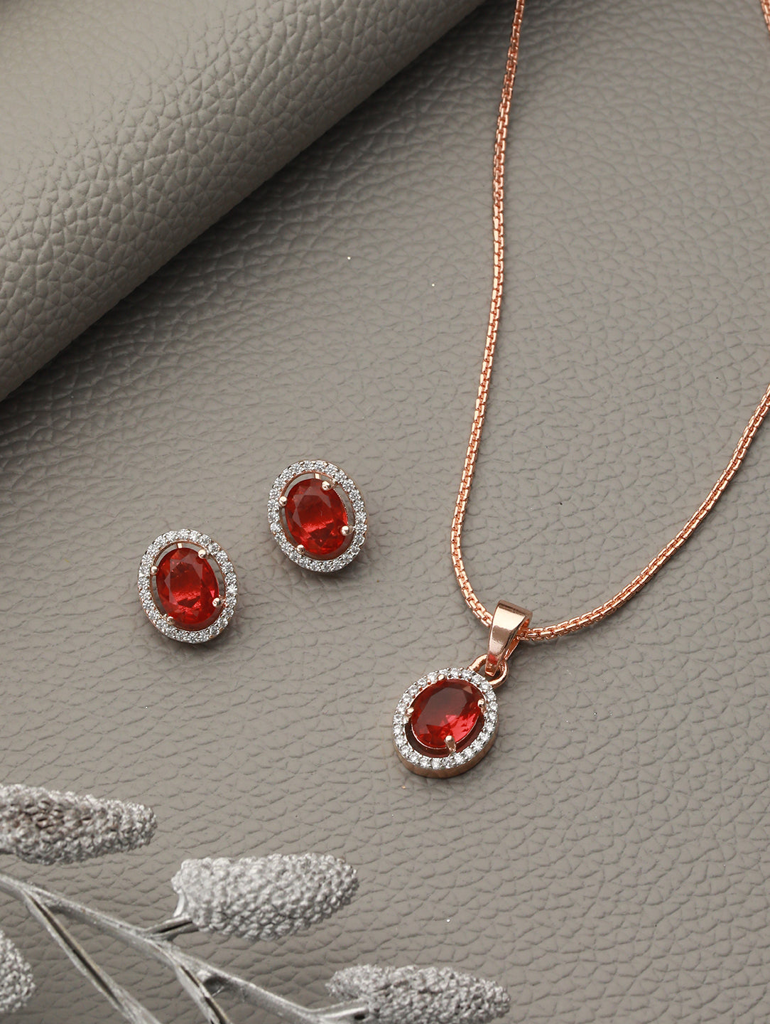 Rose Gold Plated Radiant Red AD Solitaire pendant Locket Set Earrings and Chain
