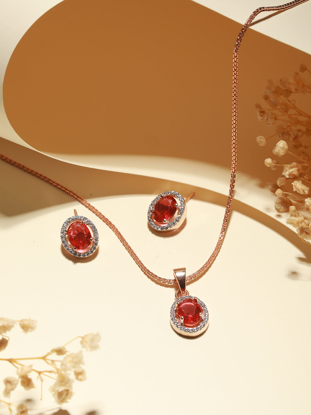 Rose Gold Plated Radiant Red AD Solitaire pendant Locket Set Earrings and Chain