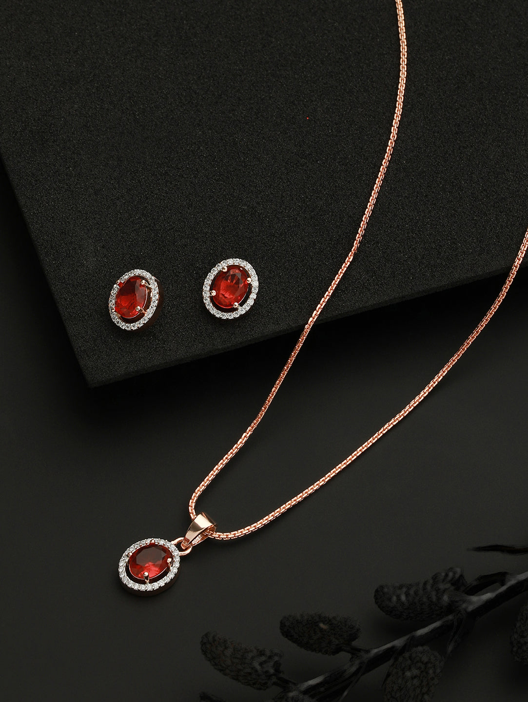Rose Gold Plated Radiant Red AD Solitaire pendant Locket Set Earrings and Chain