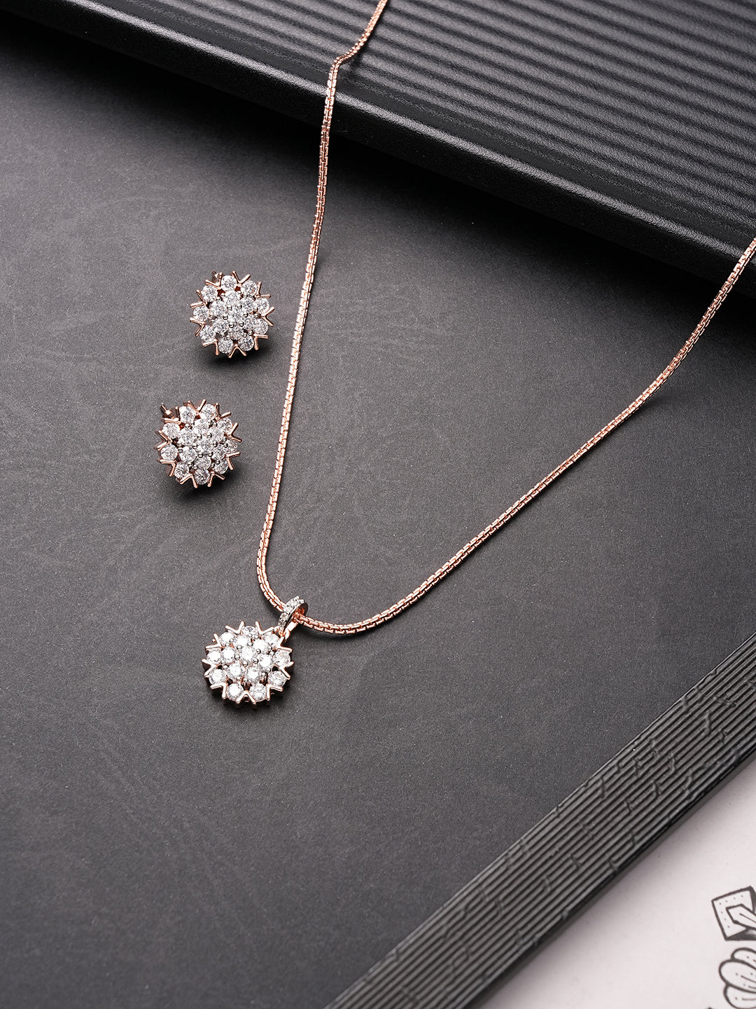 Rose gold plated white AD floral pendant jewellery set
