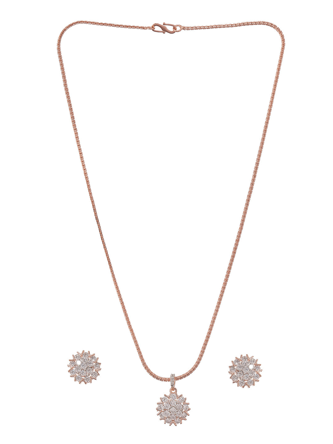 Rose Gold Plated White AD Studded Minimal Floral Pendant Jewellery Set