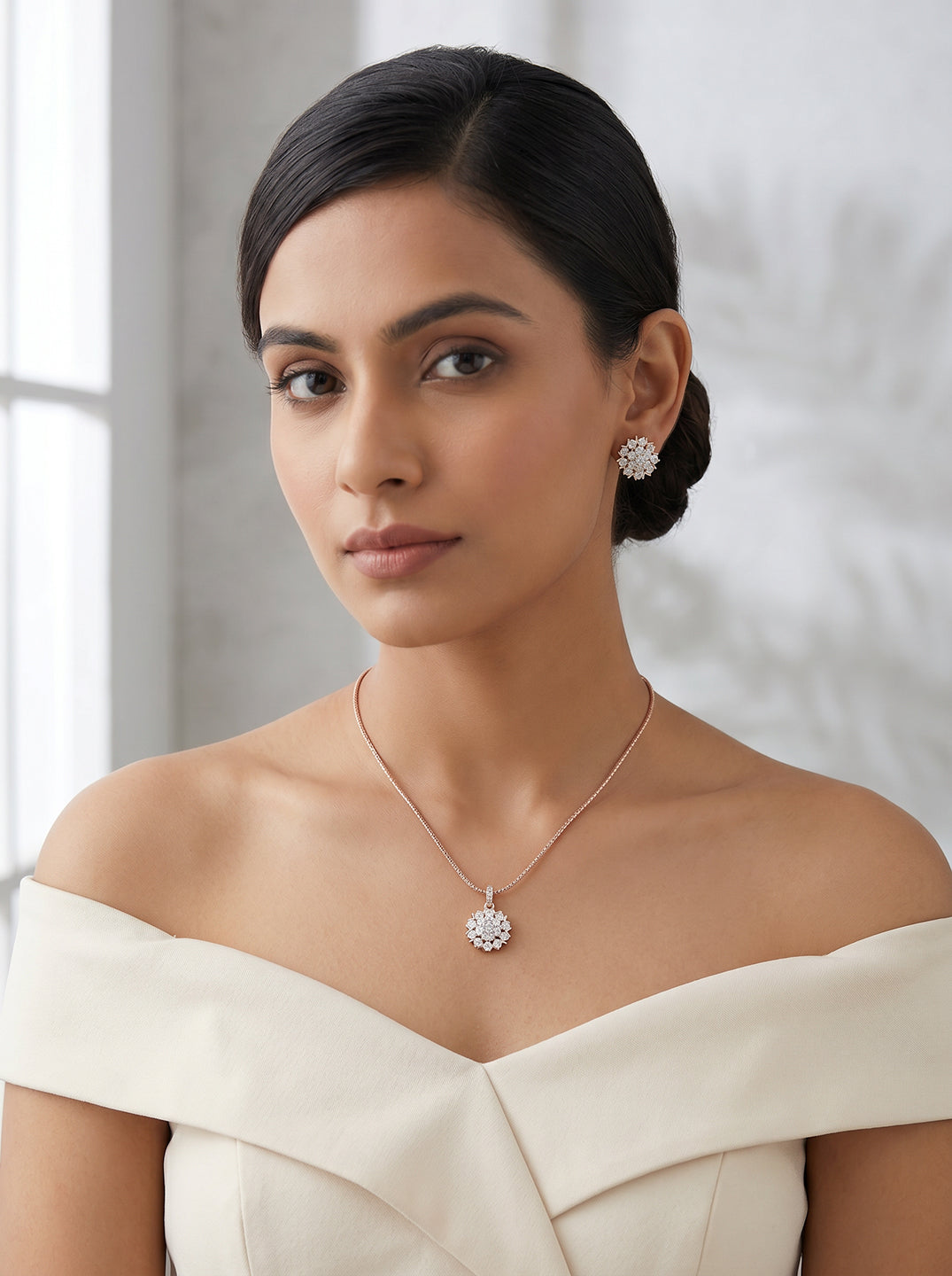 Rose Gold Plated White AD Studded Minimal Floral Pendant Jewellery Set