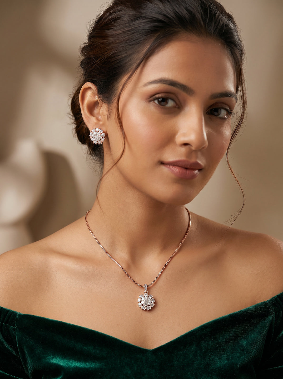 Rose Gold Plated White AD Studded Minimal Floral Pendant Jewellery Set
