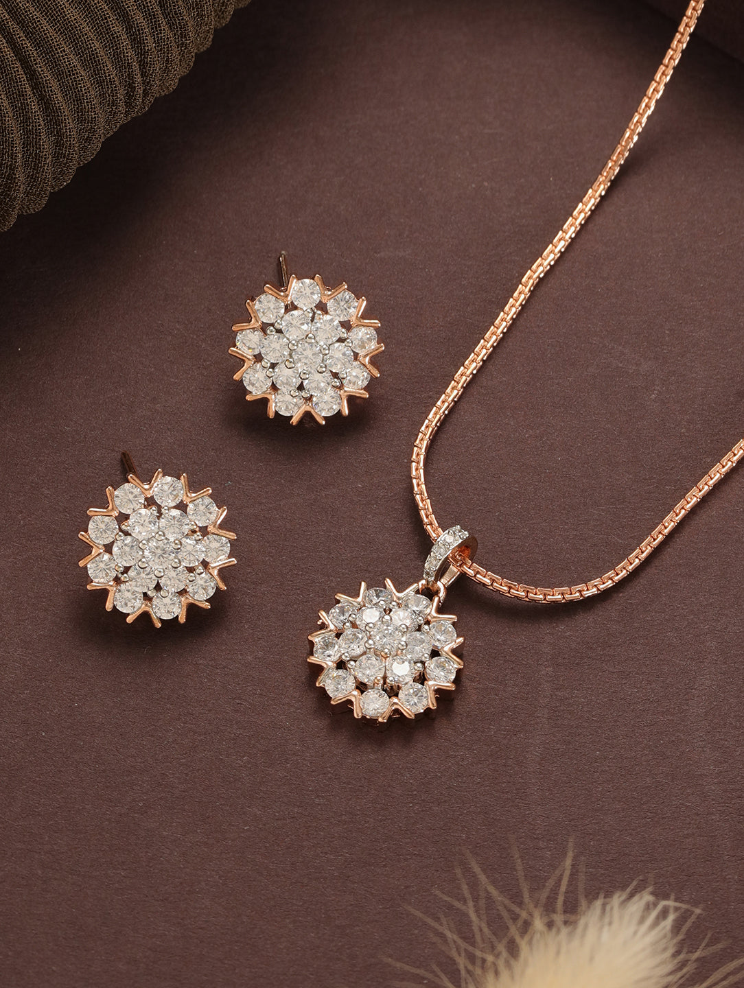 Rose Gold Plated White AD Studded Minimal Floral Pendant Jewellery Set
