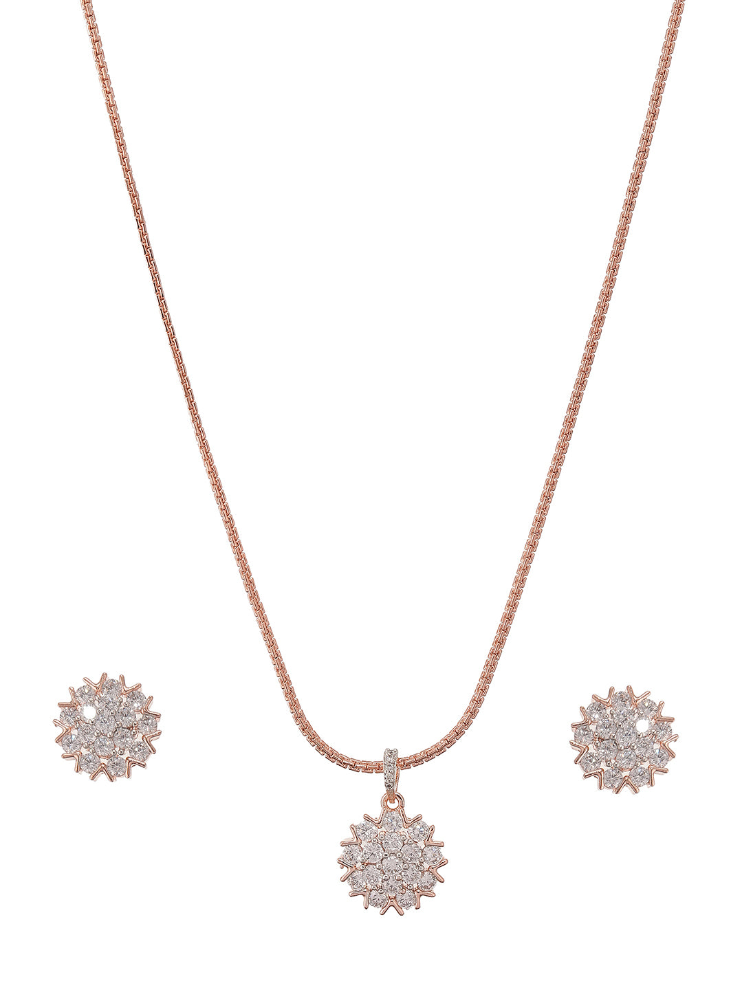 Rose Gold Plated White AD Studded Minimal Floral Pendant Jewellery Set