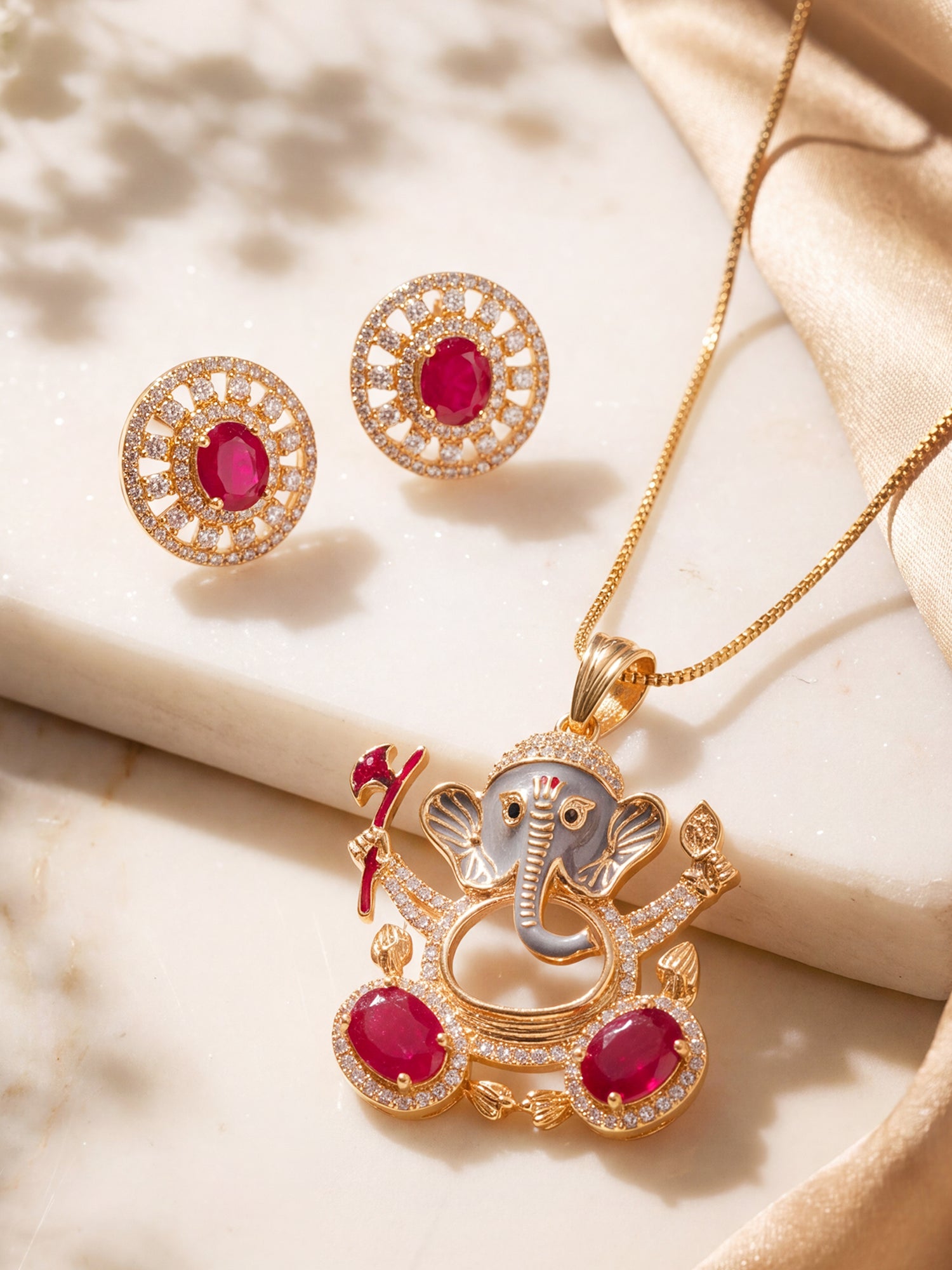 Gold plated ruby red AD Ganesha temple pendant jewellery set