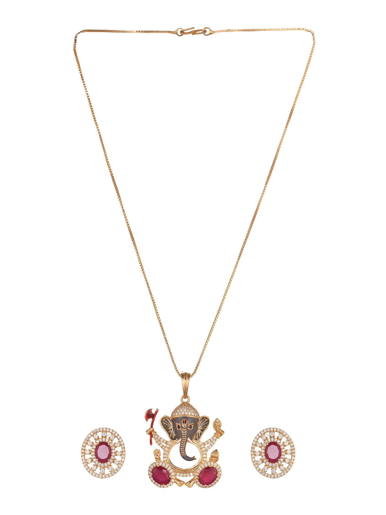 Gold Plated Ruby Red AD Stone Ganesha Temple Pendant Jewellery Set