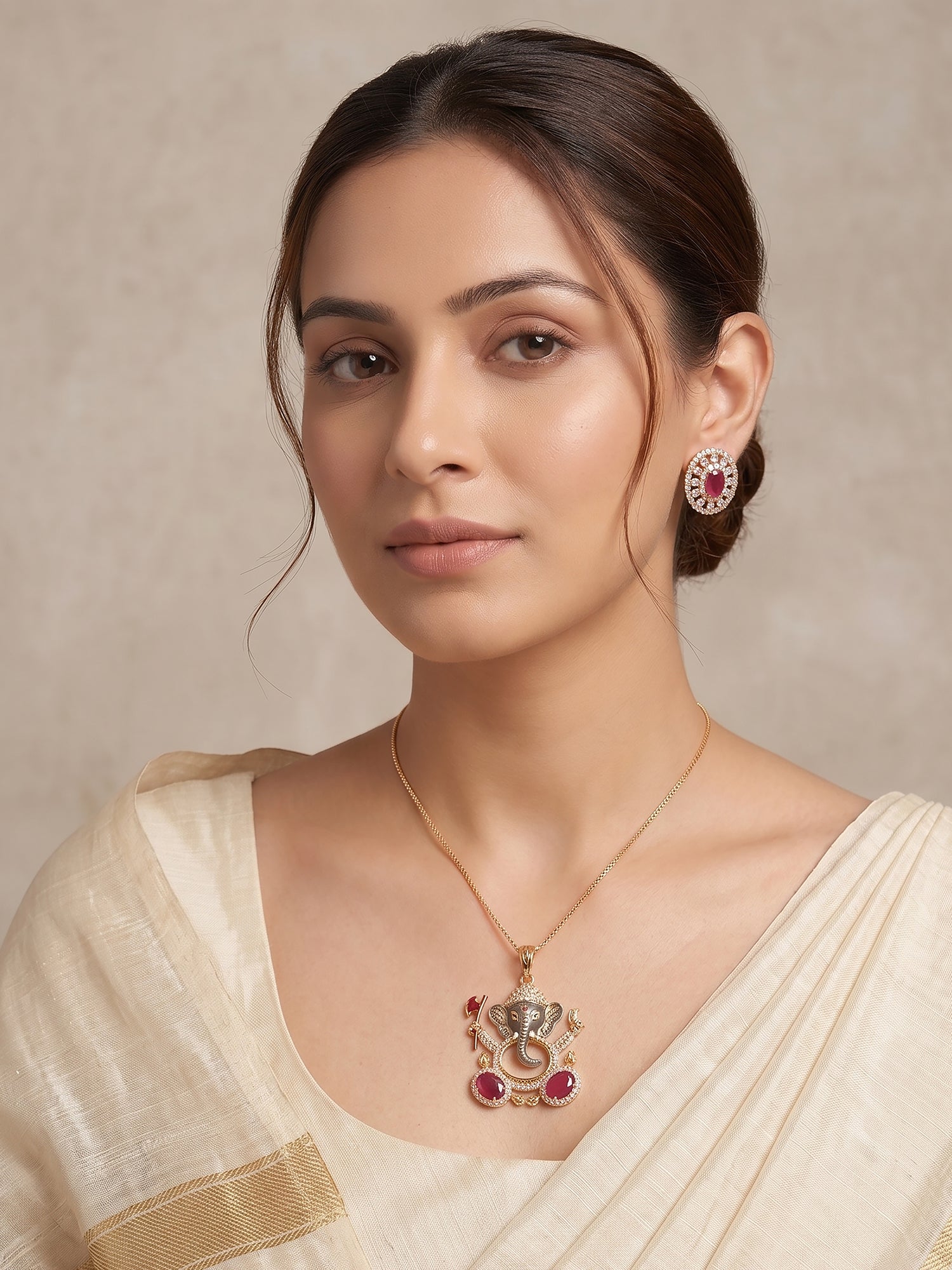 Gold Plated Ruby Red AD Stone Ganesha Temple Pendant Jewellery Set