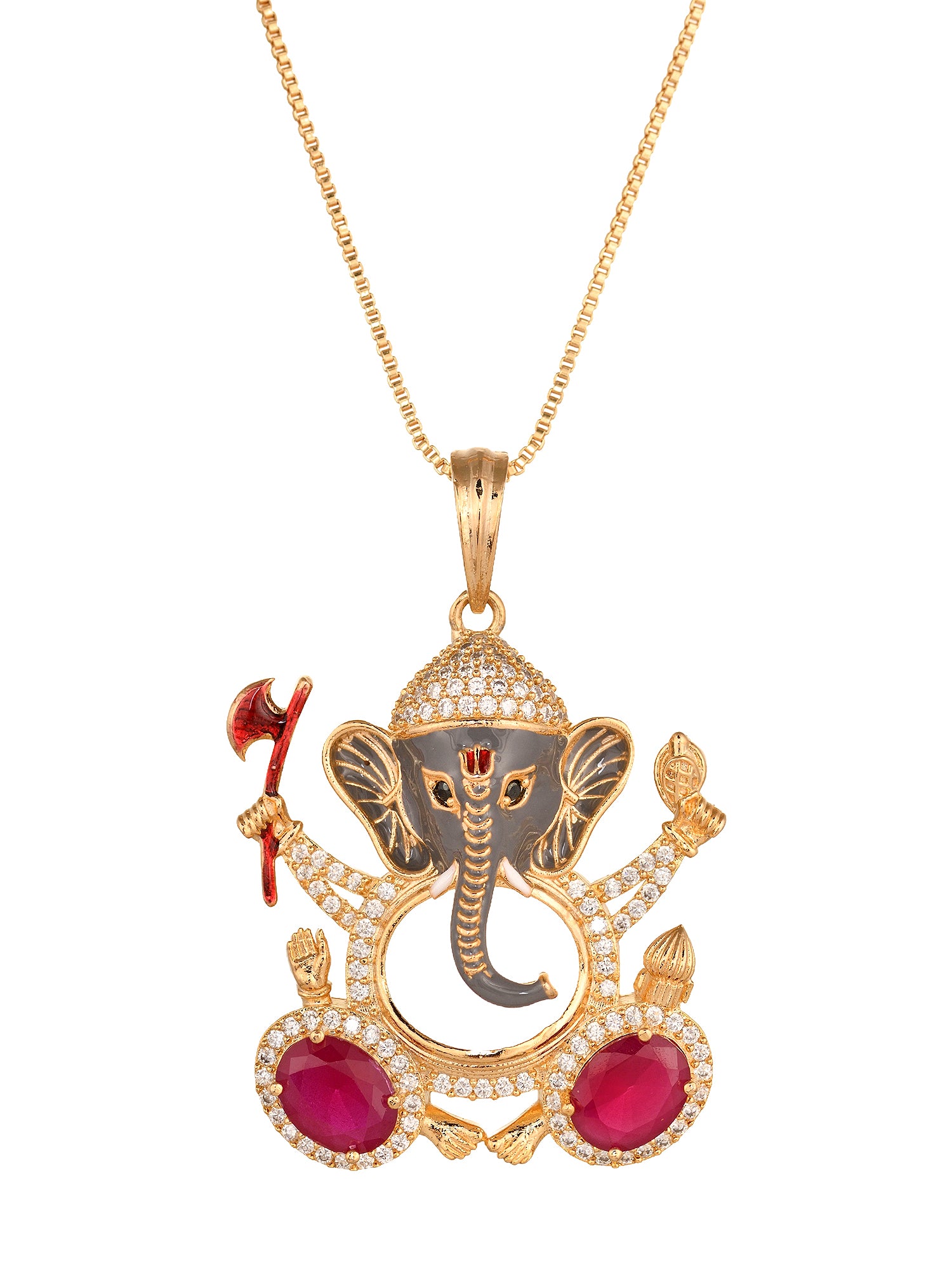 Gold Plated Ruby Red AD Stone Ganesha Temple Pendant Jewellery Set
