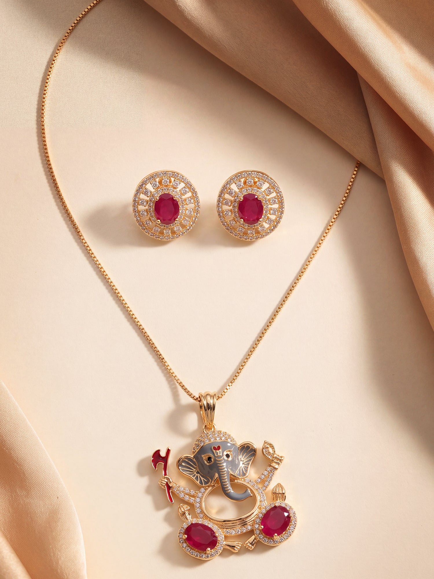 Gold Plated Ruby Red AD Stone Ganesha Temple Pendant Jewellery Set