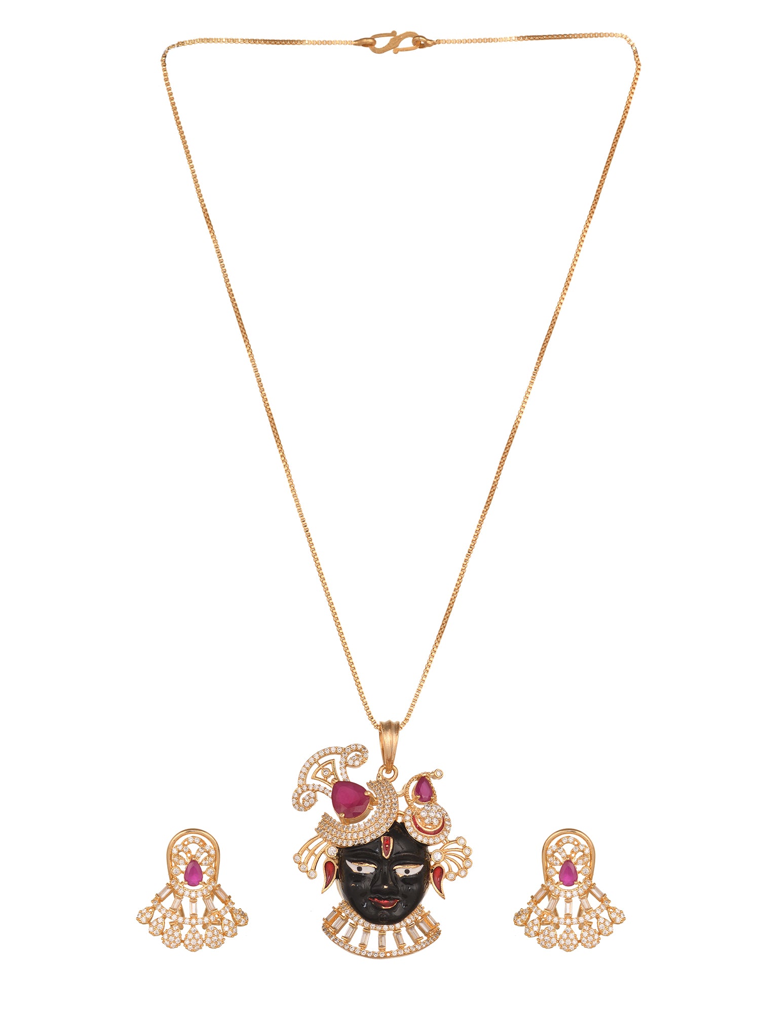 Gold Plated Ruby Pink AD Stone Shrinathji Temple Pendant Jewellery Set