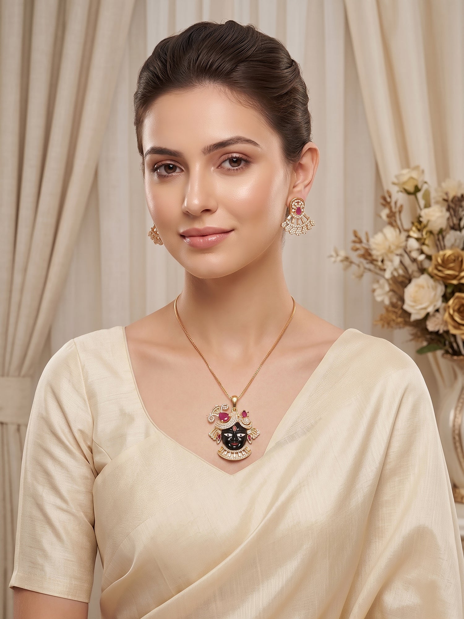 Gold Plated Ruby Pink AD Stone Shrinathji Temple Pendant Jewellery Set