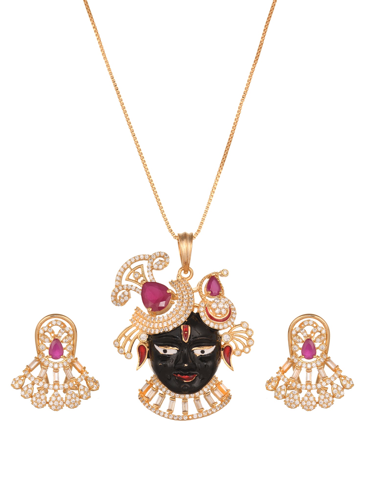 Gold Plated Ruby Pink AD Stone Shrinathji Temple Pendant Jewellery Set