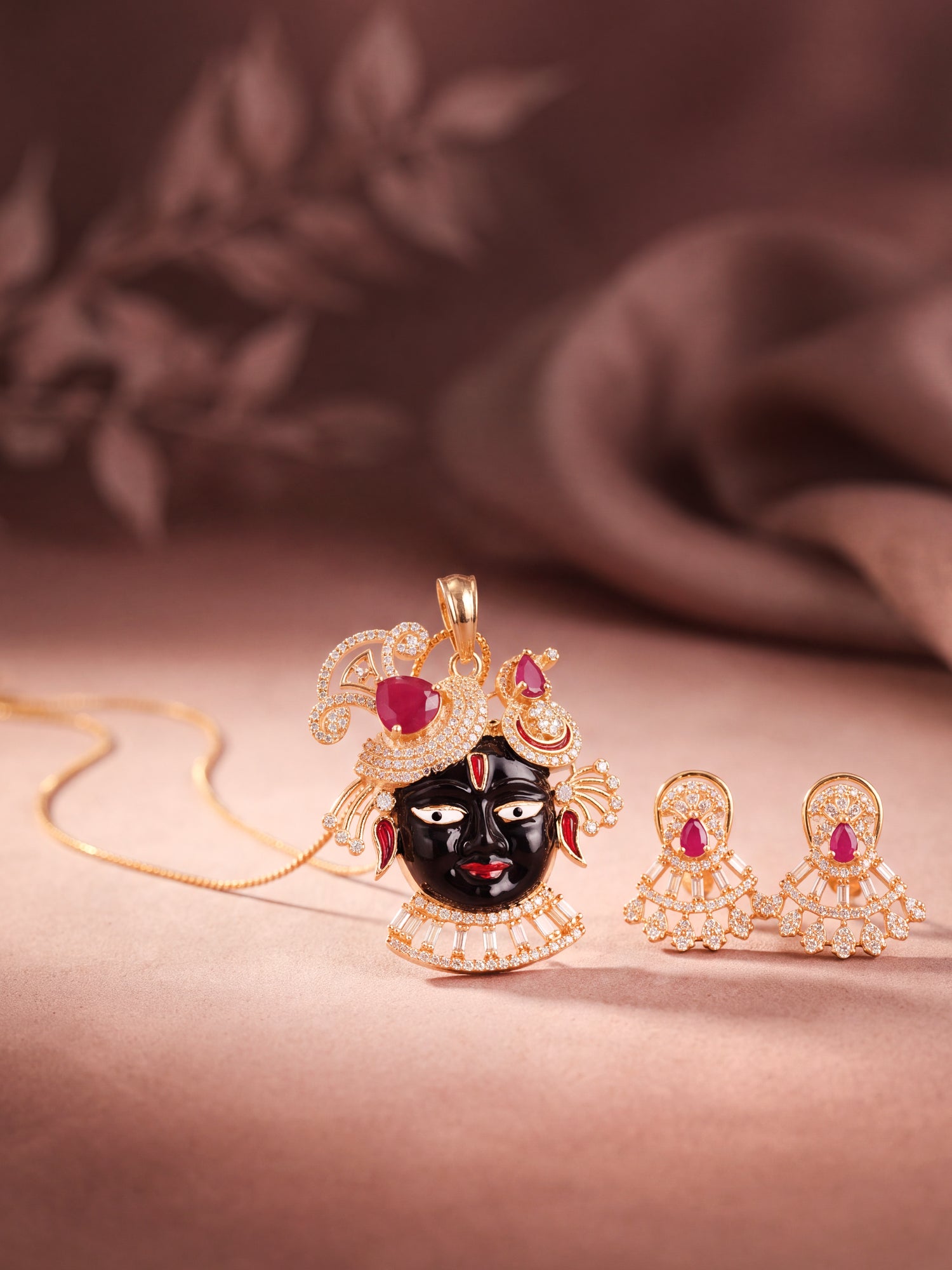 Gold Plated Ruby Pink AD Stone Shrinathji Temple Pendant Jewellery Set