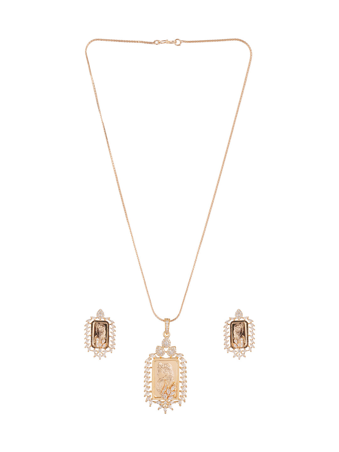 Rose Gold Plated White AD Rectangular Coin Frame Pendant Jewellery Set