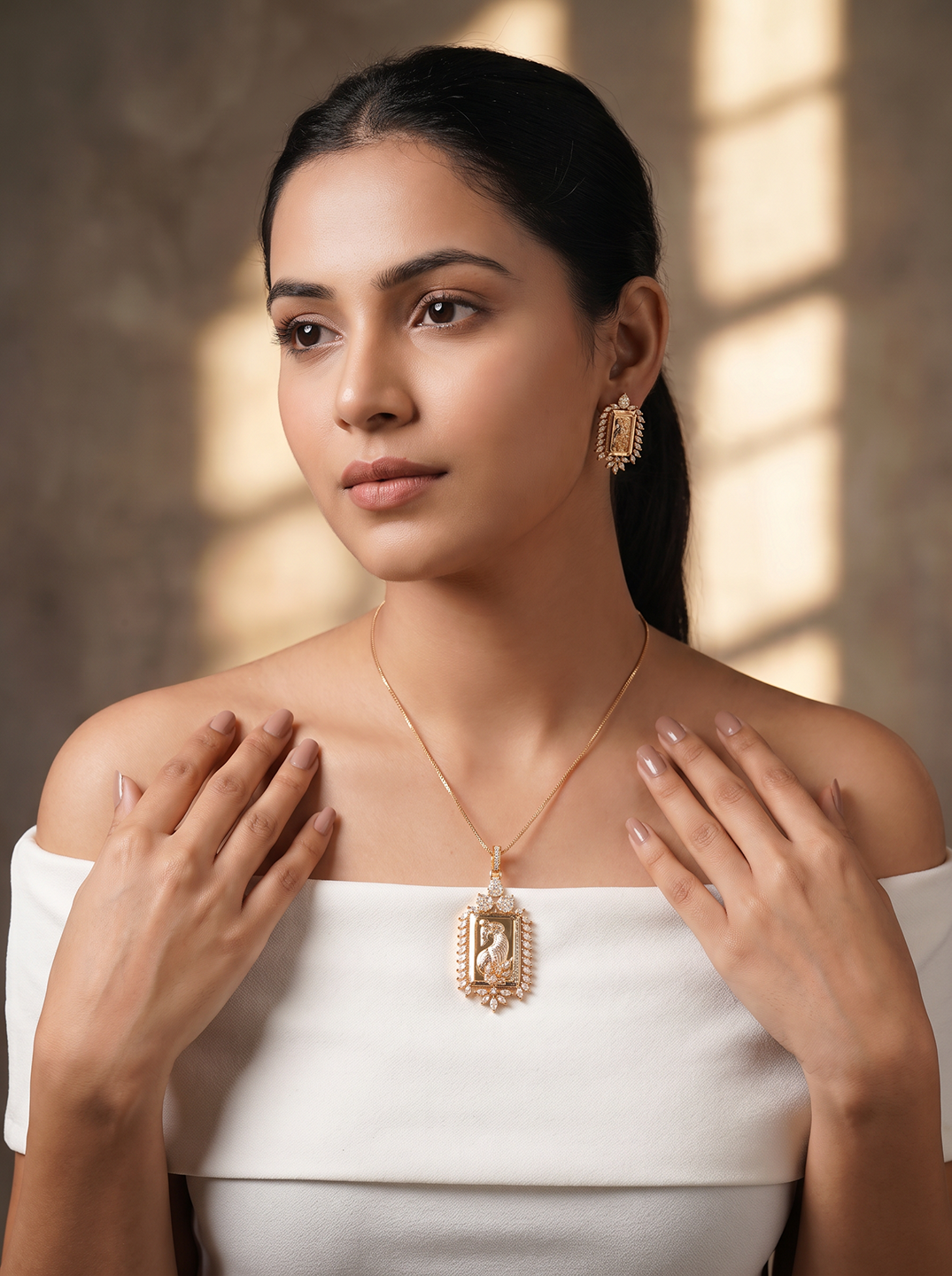 Rose Gold Plated White AD Rectangular Coin Frame Pendant Jewellery Set