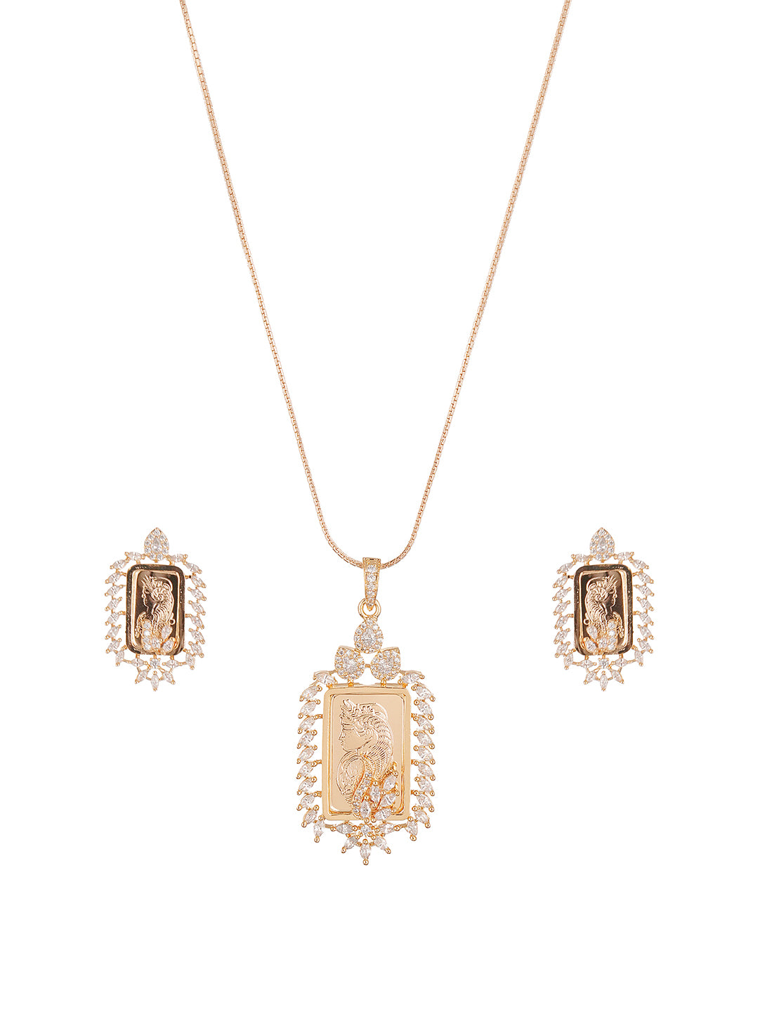 Rose Gold Plated White AD Rectangular Coin Frame Pendant Jewellery Set