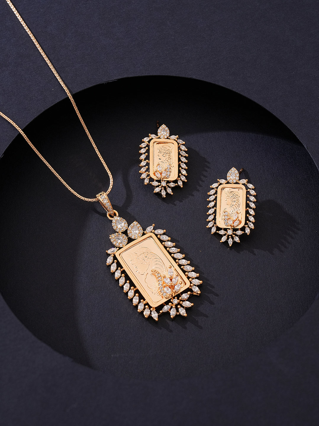 Rose Gold Plated White AD Rectangular Coin Frame Pendant Jewellery Set