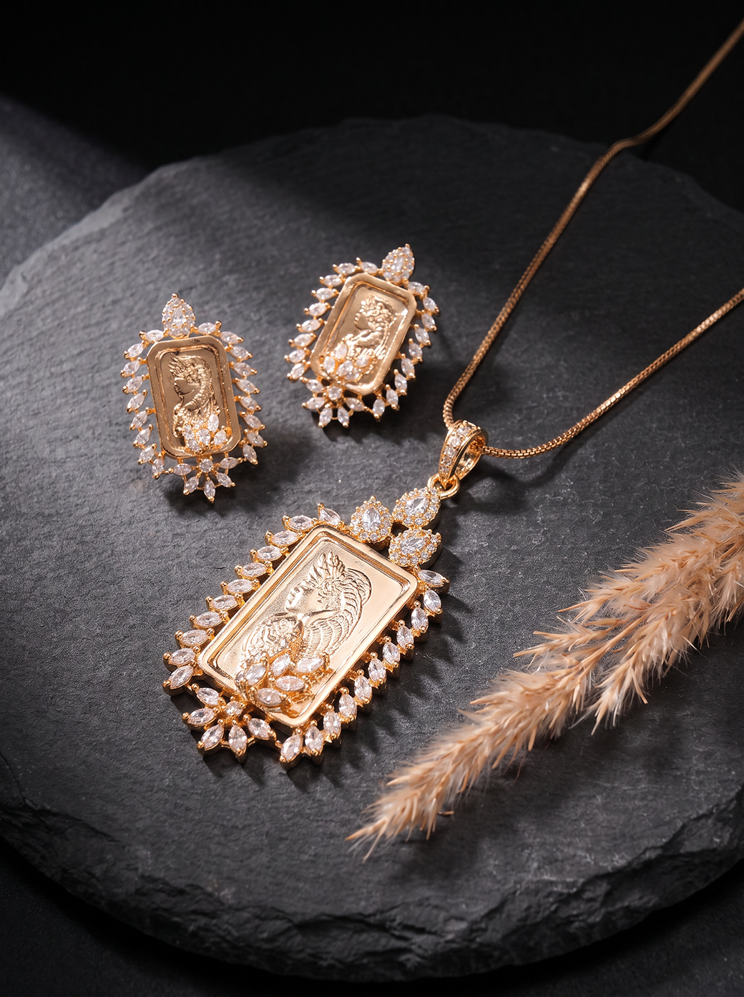 Rose Gold Plated White AD Rectangular Coin Frame Pendant Jewellery Set