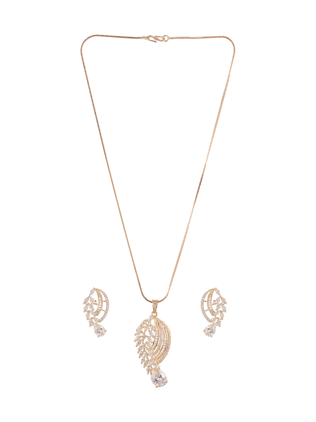 Rose Gold Plated White AD Paisley Leaf Pendant Jewellery Set with Drop Stone