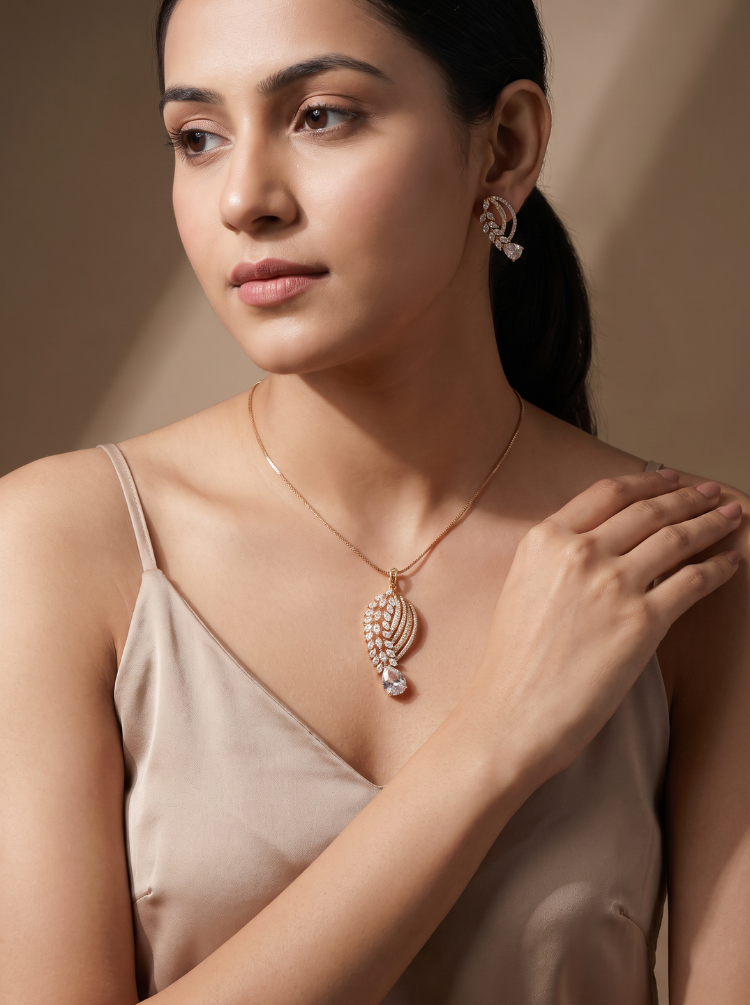 Rose Gold Plated White AD Paisley Leaf Pendant Jewellery Set with Drop Stone