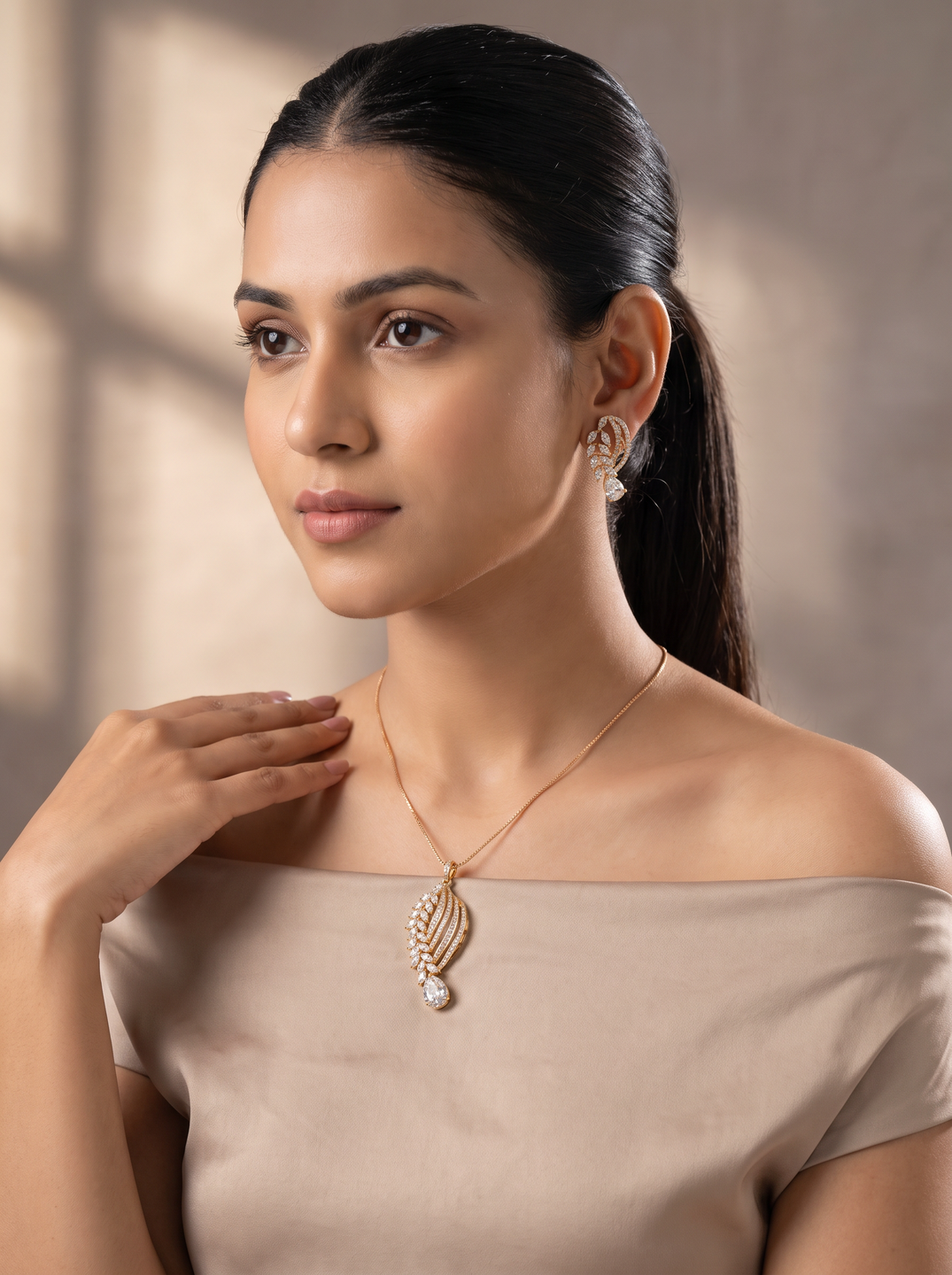 Rose Gold Plated White AD Paisley Leaf Pendant Jewellery Set with Drop Stone