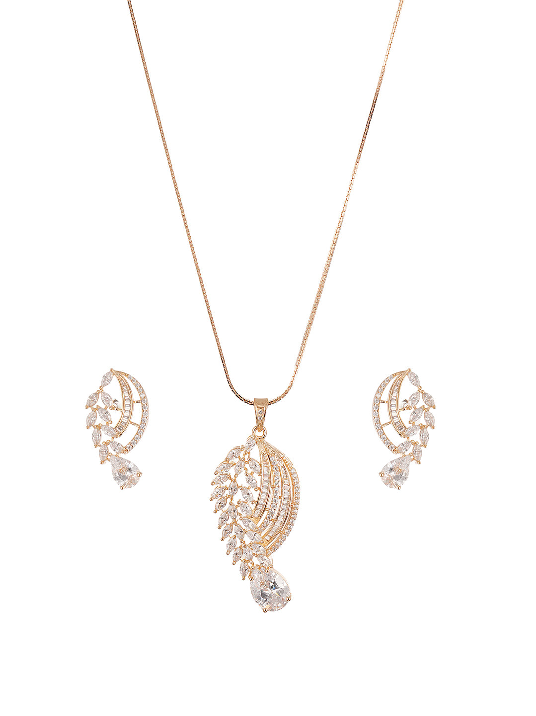 Rose Gold Plated White AD Paisley Leaf Pendant Jewellery Set with Drop Stone