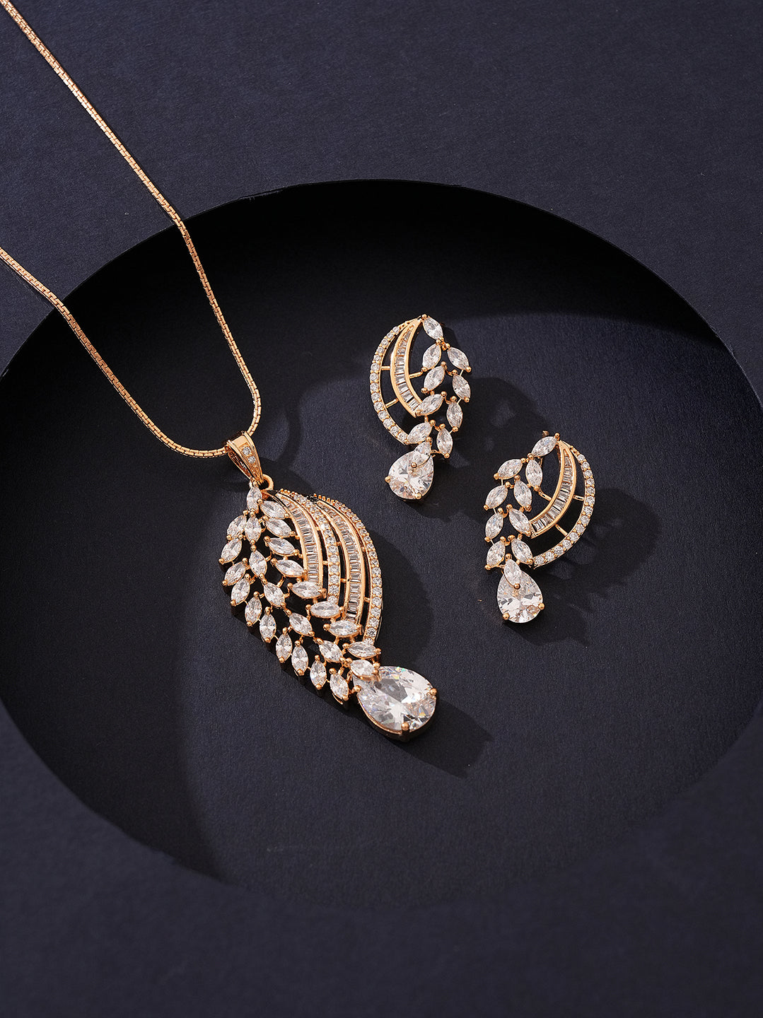 Rose Gold Plated White AD Paisley Leaf Pendant Jewellery Set with Drop Stone