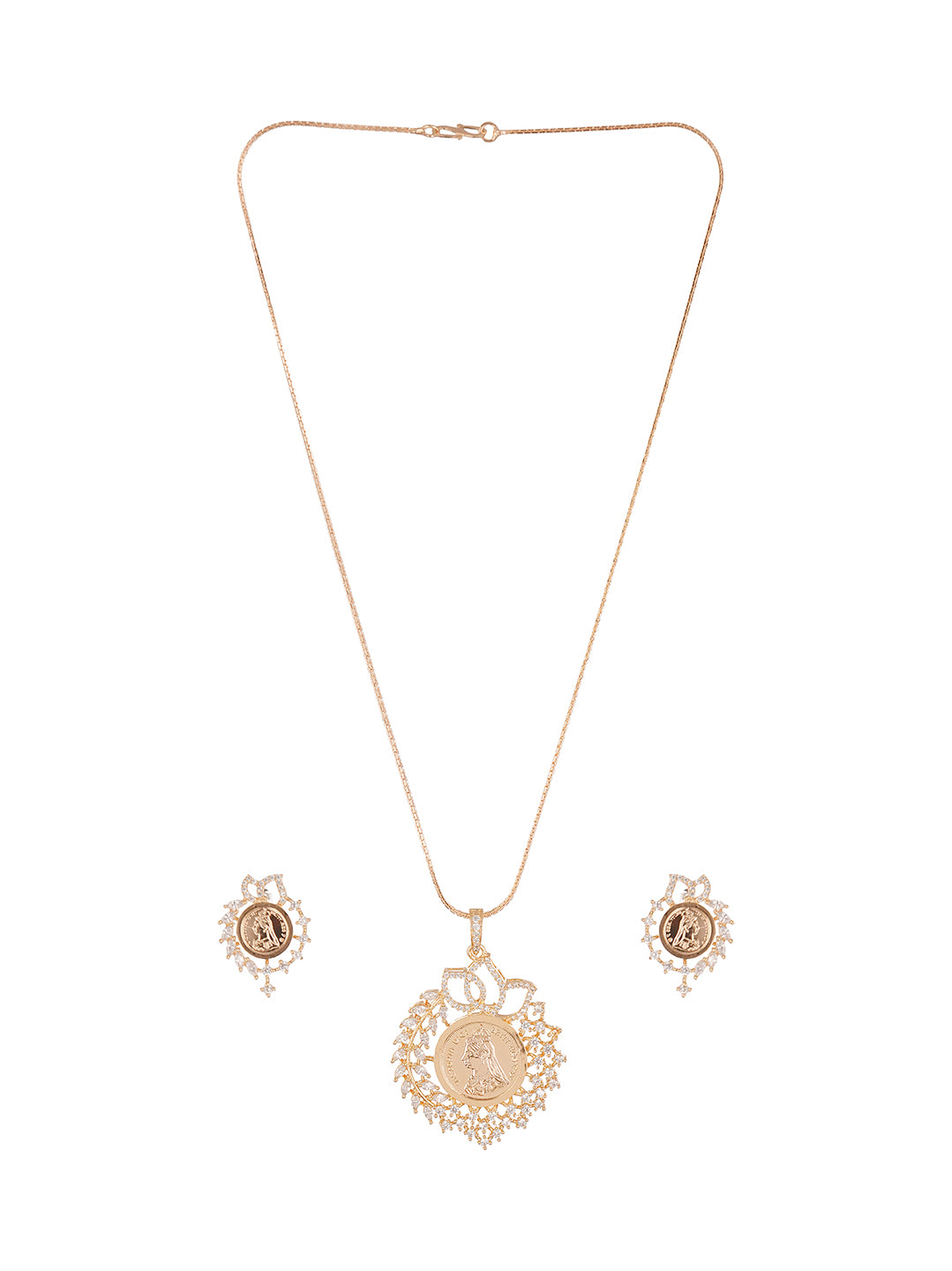 Rose Gold Plated White AD Round Coin Sunburst Pendant Jewellery Set