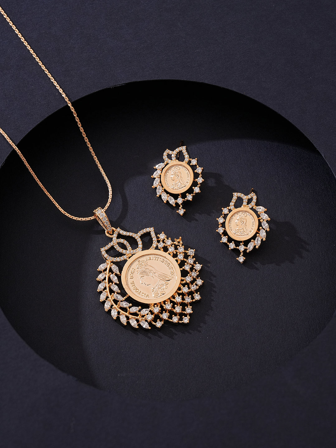 Rose Gold Plated White AD Round Coin Sunburst Pendant Jewellery Set