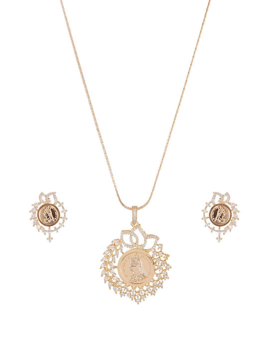 Rose Gold Plated White AD Round Coin Sunburst Pendant Jewellery Set