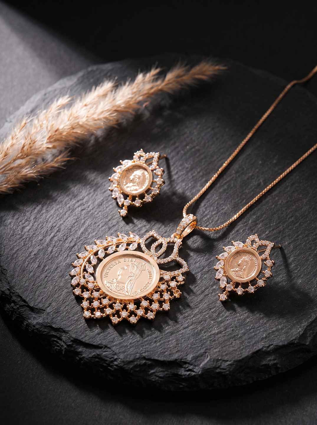 Rose Gold Plated White AD Round Coin Sunburst Pendant Jewellery Set