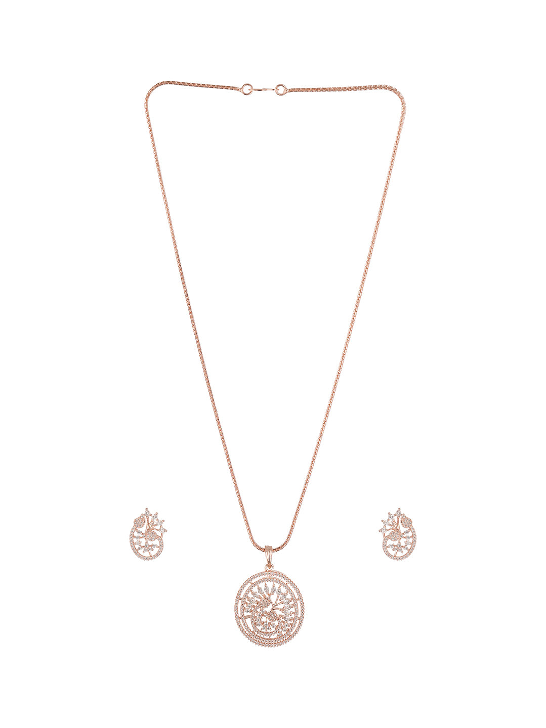 Rose Gold Plated White AD Round Swirl Pendant Jewellery Set