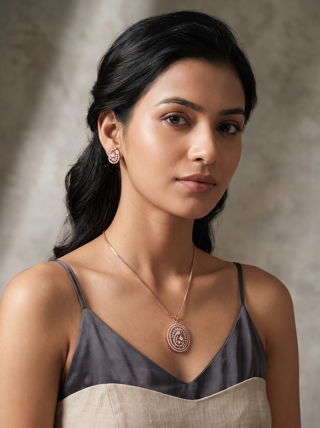 Rose Gold Plated White AD Round Swirl Pendant Jewellery Set