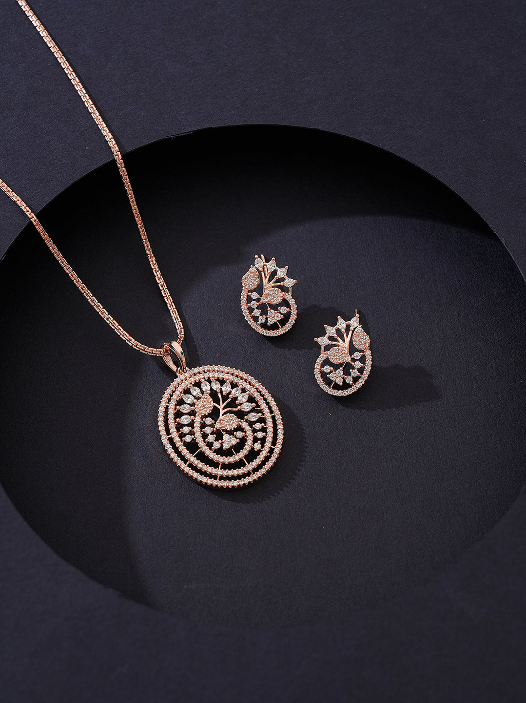 Rose Gold Plated White AD Round Swirl Pendant Jewellery Set