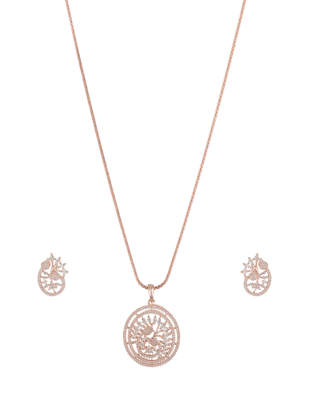 Rose Gold Plated White AD Round Swirl Pendant Jewellery Set