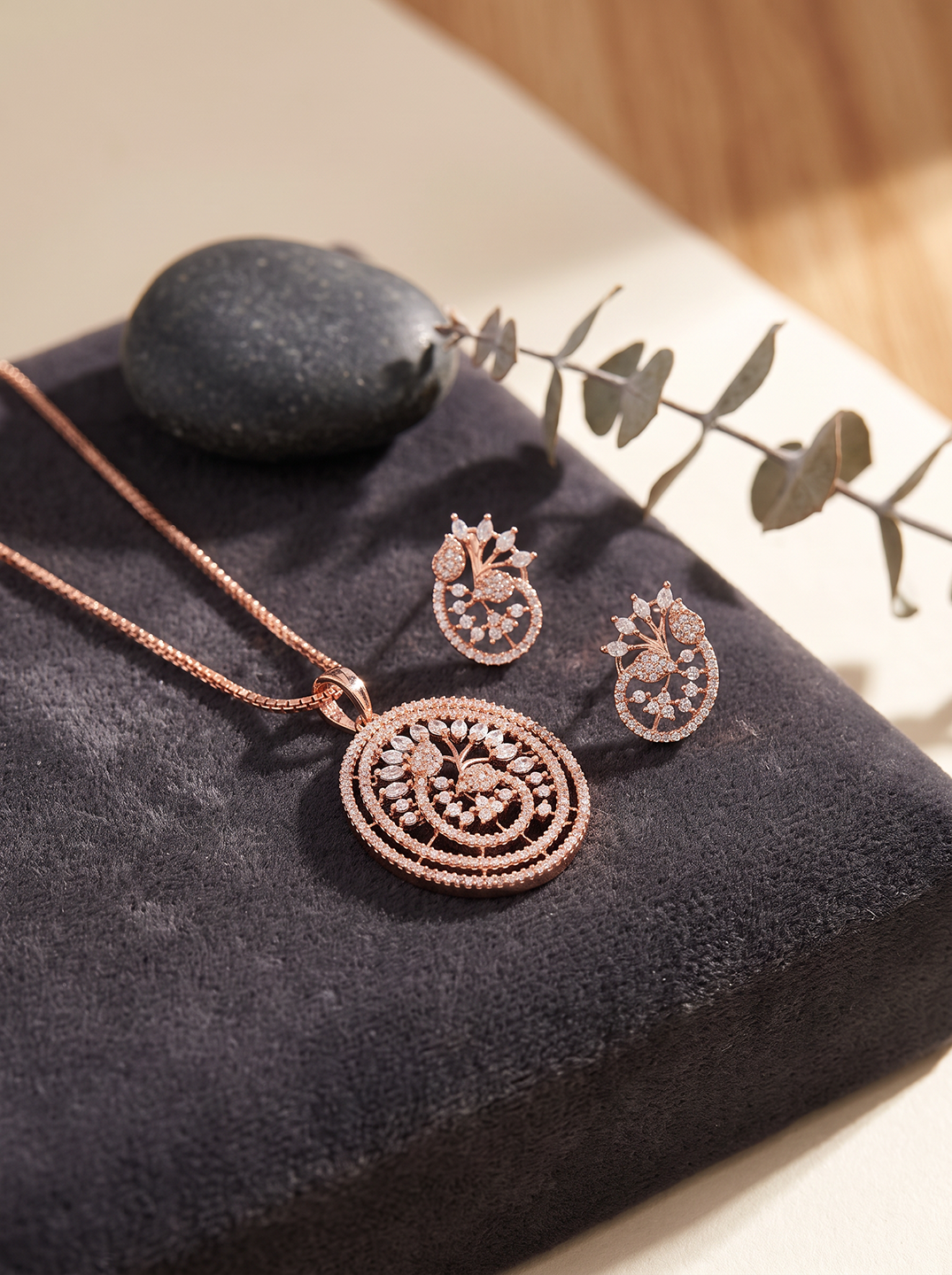 Rose Gold Plated White AD Round Swirl Pendant Jewellery Set