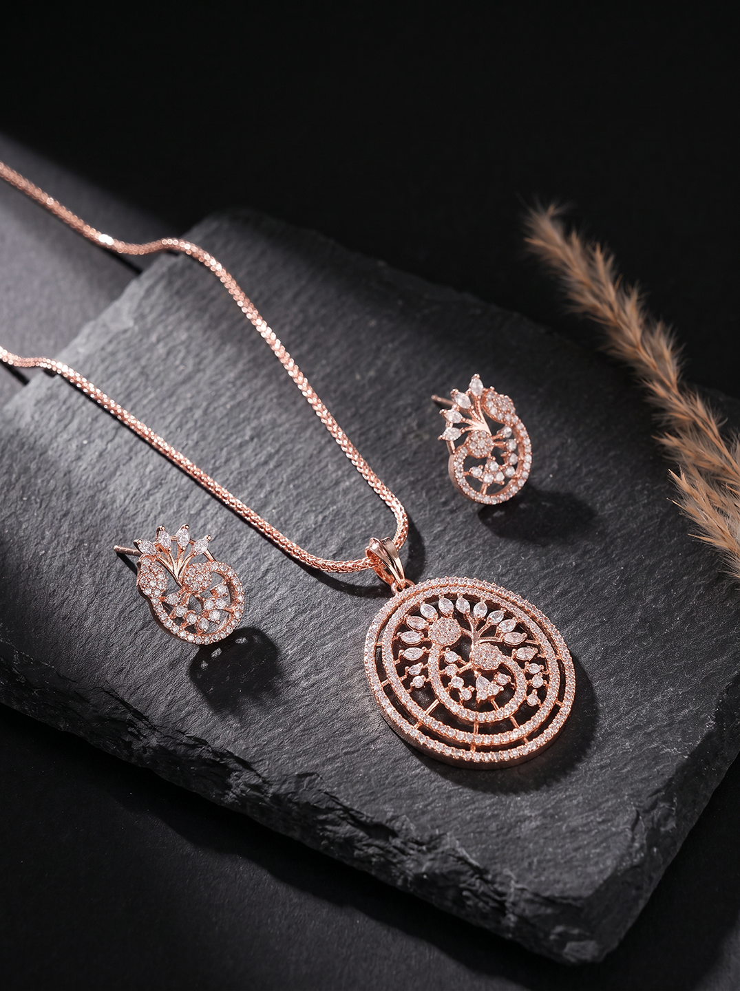 Rose Gold Plated White AD Round Swirl Pendant Jewellery Set